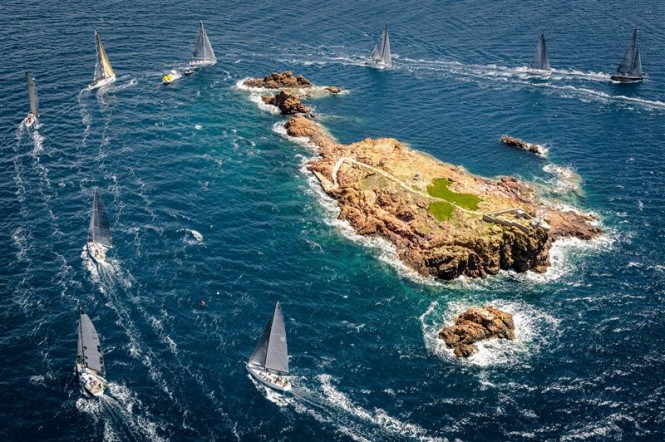 Fleet rounding Le Lion De Mer during the second offshore race Credit RolexKurt Arrigo
