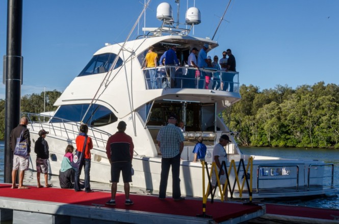 Riviera owners and their guests had the opportunity to drive the new 75 Enclosed Flybridge using the Twin Disc EJS joystick control
