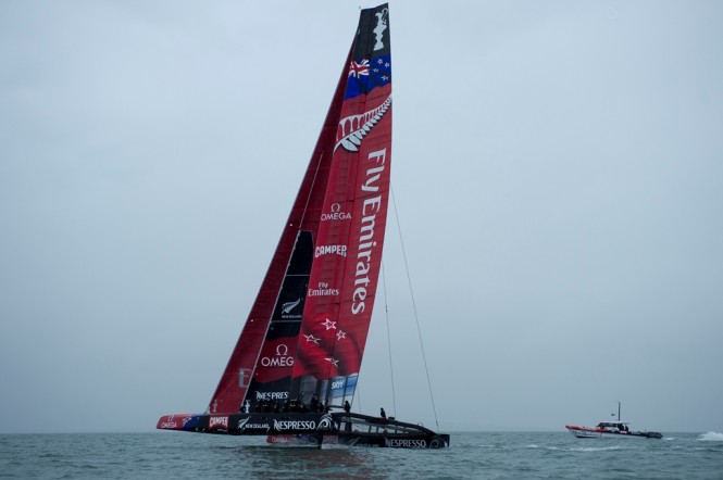 ETNZ's AC72 catamaran yacht New Zealand sailed for the first time in the Hauraki Gulf on 31st July