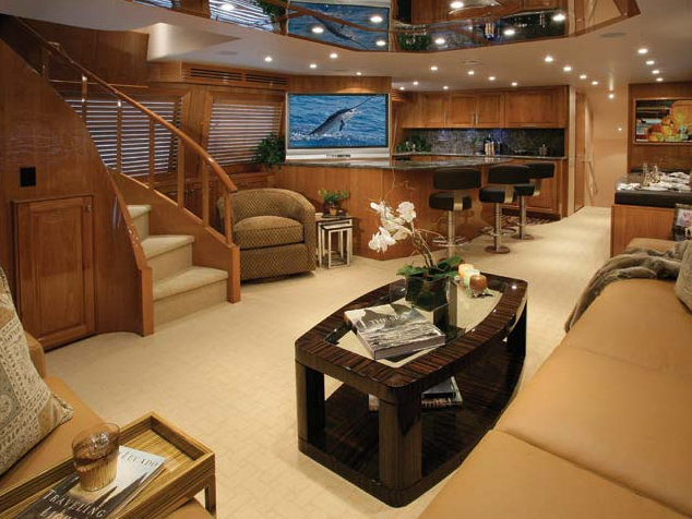 Luxurious interior aboard Hatteras 77 yacht