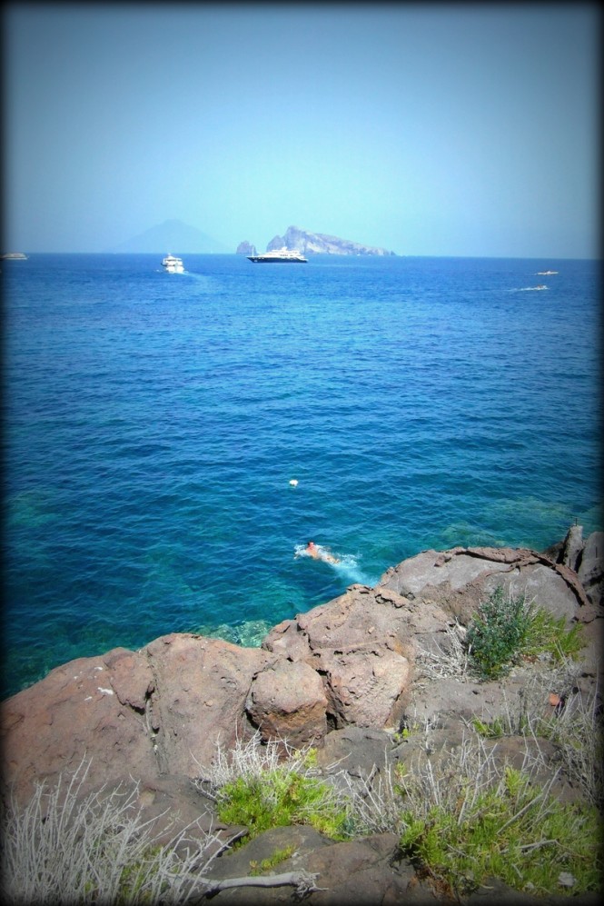 Luxury Yacht Lyana in distance near Panarea - Aeolian Islands - Italy