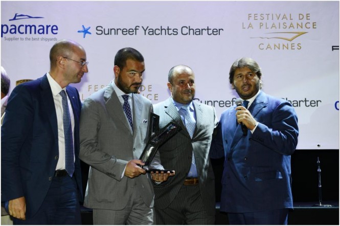 Prizegiving at the Festival de la Plaisance in Cannes for the CRN Navetta 43 yacht LADY TRUDY - winner of the Best Interior Award at the World Yacht Trophy 2012