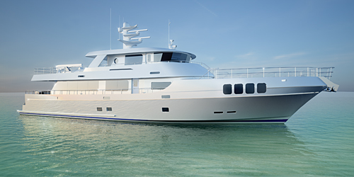 106' Nodlund Shallow Draft Long Range Cruiser Yacht. Computer rendering by Frank Woll