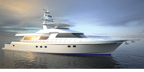 111' Nodlund Sportfisher Yacht. Computer rendering by Frank Woll