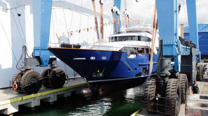 Fifth Delfino 93 superyacht Hull BD005 at launch