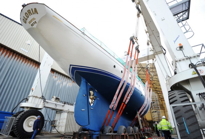 Luxury yacht Gloria out of the refit tent