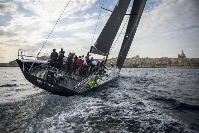 Luxury yacht Stig approaching the finish line in Malta - Photo by Rolex Kurt Arrigo