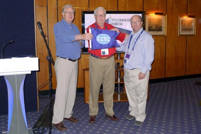 L-R: The outgoing President of the ICOYC, John Stork (Royal Thames YC), incoming President John McNeill (past Commodore St. Francis YC) & Commodore Mark Inkster (Royal Southern Yacht Club)