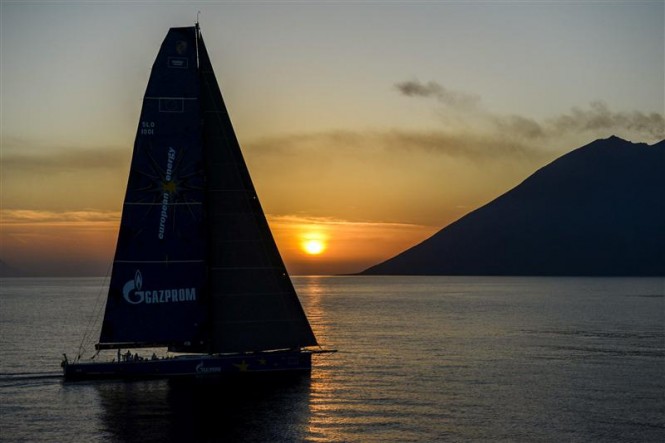Superyacht Esimit Europa 2 approaching Stromboli at sunset - Photo by Rolex Kurt Arrigo
