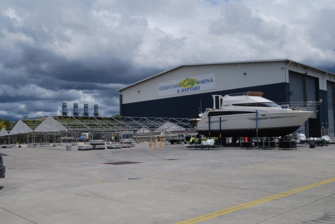 The marquees are erected in the Gold Coast City Marina Shipyard