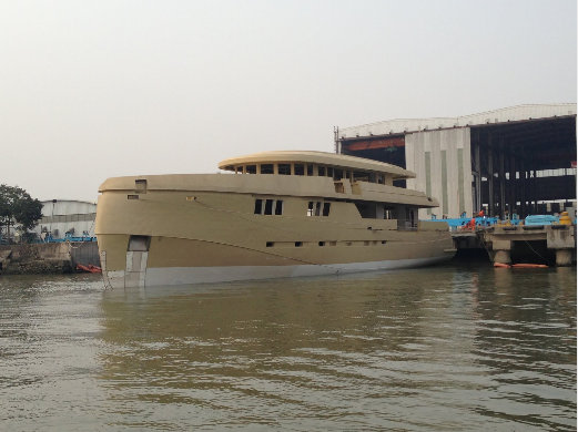 Hull of the 44m expedition yacht Green Voyager in water for the first time