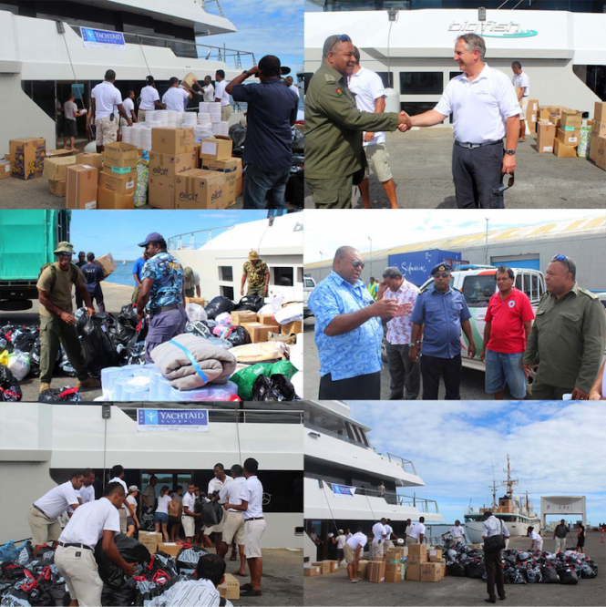 Relief aid arriving in Fiji aboard Big Fish yacht to help the victims of the Cyclone Evan devastated Fiji Islands