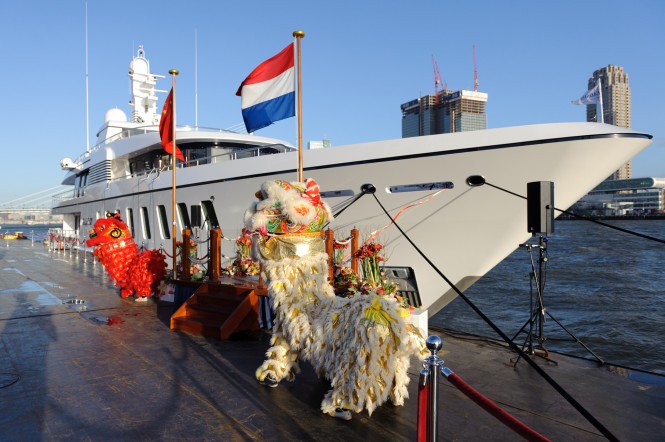 Blue Sky yacht during her launch at Feadship