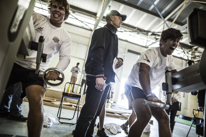 Members of the South African team 'iKaziKati' perform during a physical test on the opening day of the Red Bull Youth AmericaÂ´s Cup Selection Series