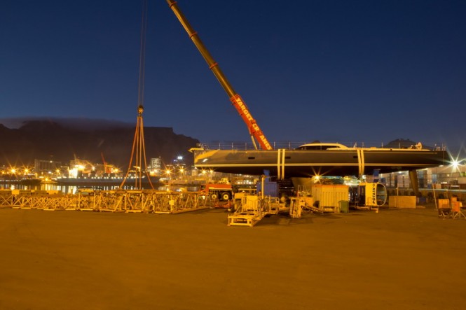 After reaching the harbour luxury yacht Hevea is ready for the keel and rudder assembly