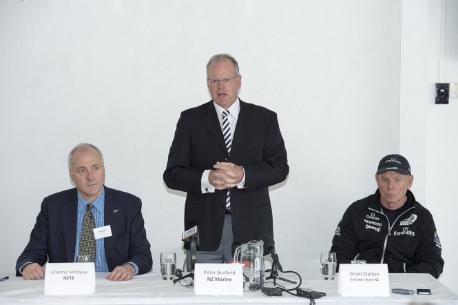 Friends of NZ Marine launch - Graeme Solloway-NZTE, Peter Busfield-NZM and Grant Dalton-ETNZ by Chris Cameron