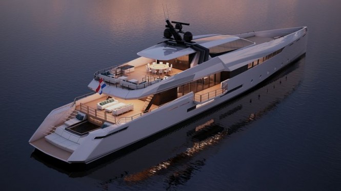 55m motor yacht Ghost G180F after sunset