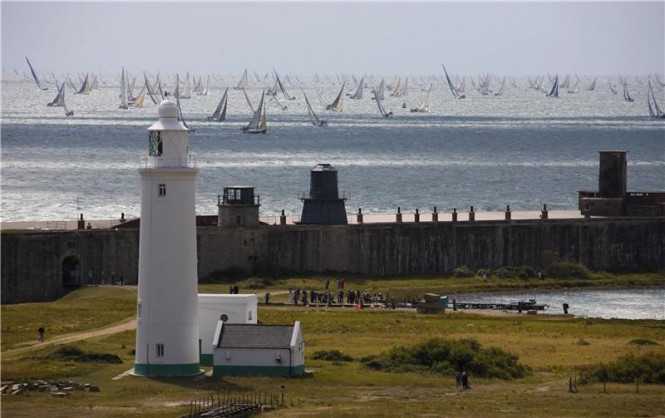 The Rolex Fastnet Race fleet heads out of the Solent after the start of the 2011 Race.  Photo: Rolex / Carlo Borlenghi