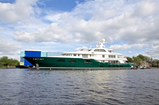 Feadship Sea Owl yacht leaving the shed