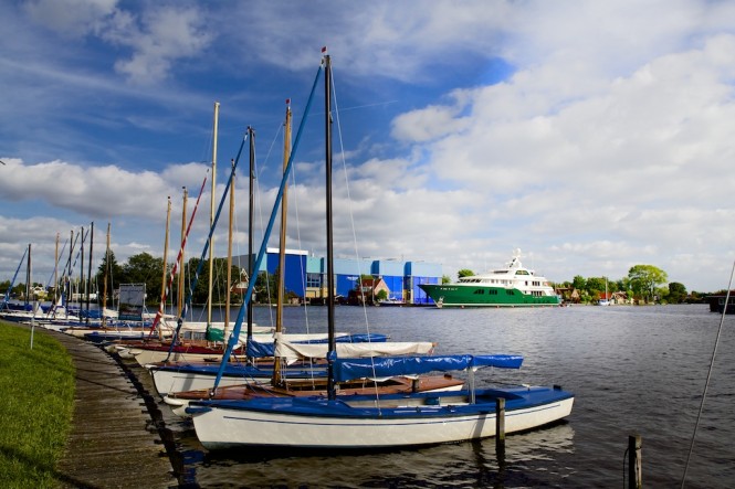 Feadship  mega yacht Sea Owl leaving the shed