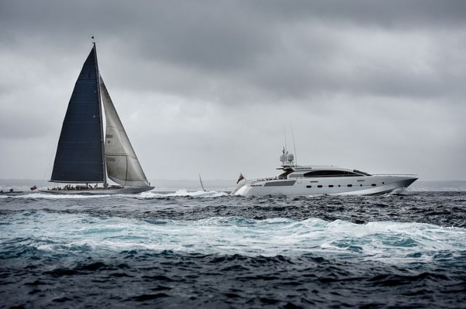 Charter yacht Ranger doing a practice start with Shooting Star Yacht watching