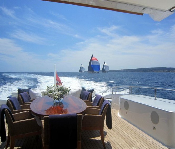 Watching J Class Yachts racing from aft deck of Aerocruiser 38m Yacht