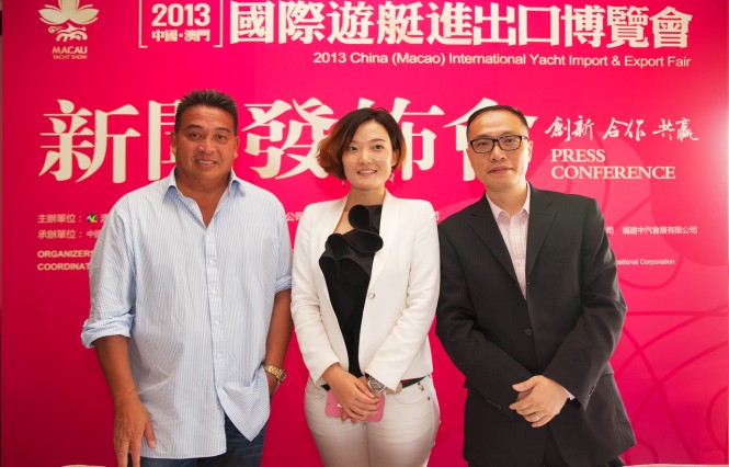 MACAU YACHT SHOW  2013 - Press Conference at RHKYC - Gordon Hui - Sunseeker Asia - Ms Zhang Fengna - General Manager of Fujian Wangs Yacht Pie Investment and Developements Co Ltd - Mr Liao Qihui - Director of Nam Kwong International Conference and Exhibition Department