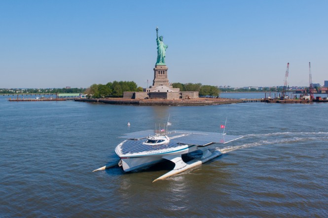 Aerial view of PlanetSolar arriving in NY