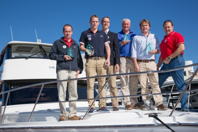 Riviera Dealer Award recipients Paul Harrop, Cameron McGoogan, Riviera owner Rodney Longhurst, Michael Joyce, Pete Devery, and CEO Wes Moxey