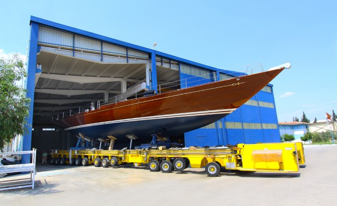 Sailing yacht Tempus Fugit leaving her shed at Arkin Pruva in Antalya, Turkey