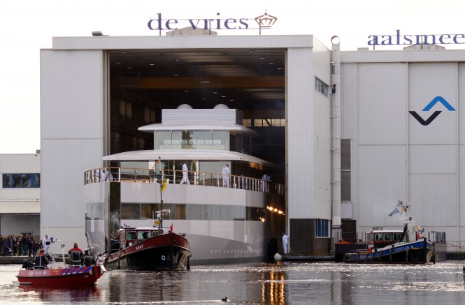 78m Feadship superyacht VENUS leaving her shed at the Feadship De Vried shipyard