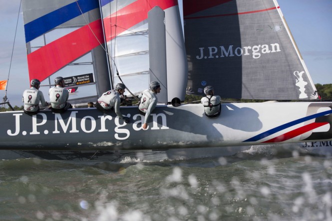 Ben Ainslie skippering the J.P. Morgan BAR AC45 catamaran