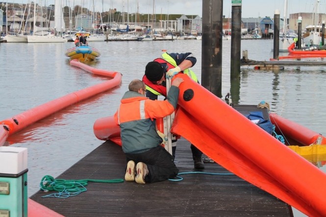 Salvage group working on recovery of Kahu Yacht - Credit to Marine Services Manager Barney Sollars. Photo courtesy of Cowes Harbour Commission