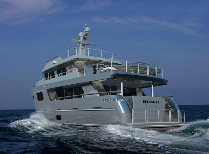 Aft view of Bering 80 superyacht