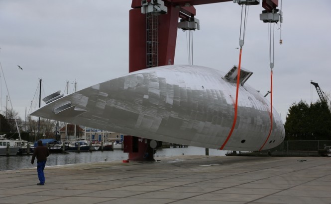 Hull of Truly Classic 126 Yacht TC126 turned around