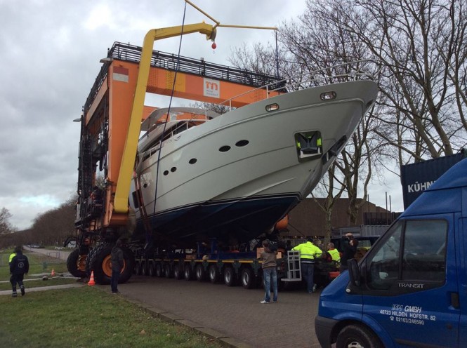 Princess 98 Yacht being lifted from the Rhine to be placed on the Princess Yachts International stand