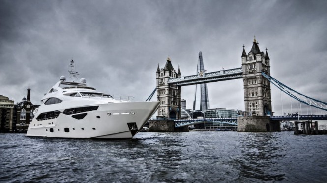 Sunseeker 40 Metre Yacht photographed against the stunning back drop of Tower Bridge by Tom Benson
