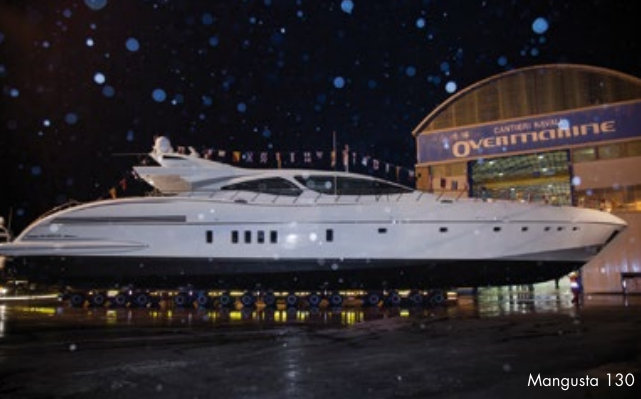 Mangusta 130 superyacht Hull no. 18 at launch at Overmarine Group