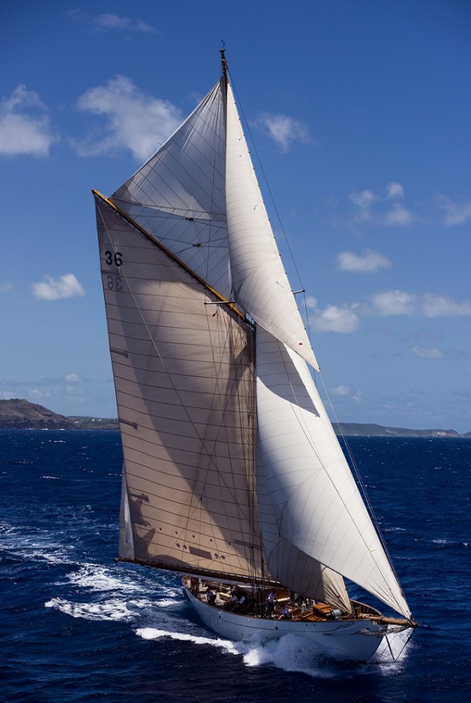 Thendara sailing in the Antigua Classic Yacht Regatta, Windward Race.