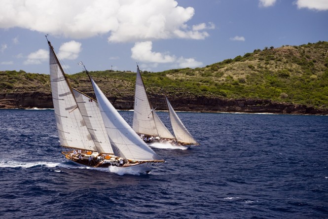 Juno and Mary Rose sailing in the Antigua Classic Yacht Regatta, Windward Race.