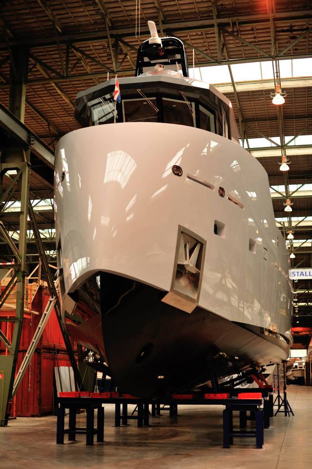 24m support yacht Project YXT One in her shed ready to be launched