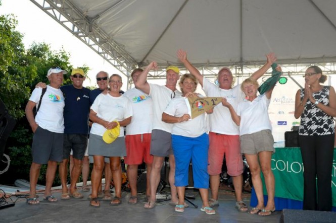 Alan Edwards jubilant crew on Swan 65 yacht, Spirit celebrate another win at the Colombian Emeralds prize giving after racing at Antigua Sailing Week - Credit- Ted Martin:photofantasy.zenfolio.com
