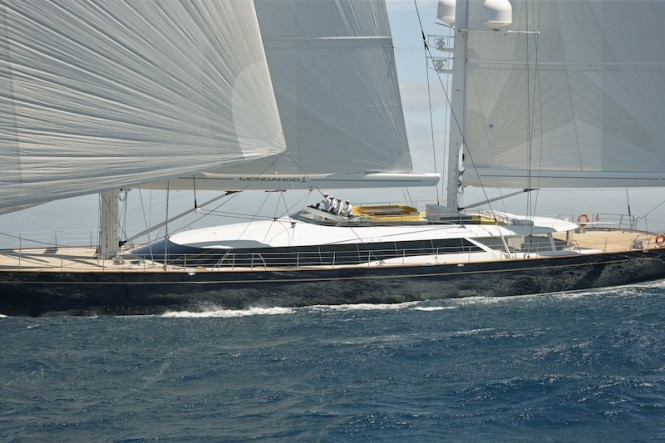 Alloy superyacht Mondango 3 under sail