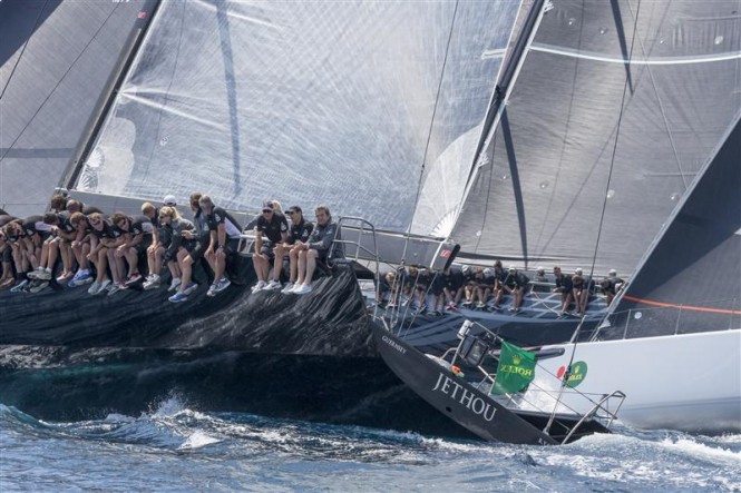 Close Mini Maxi battle between JETHOU (GBR), ALEGRE (GBR) and RÁN 5 (SWE) - Photo by Rolex Carlo Borlenghi