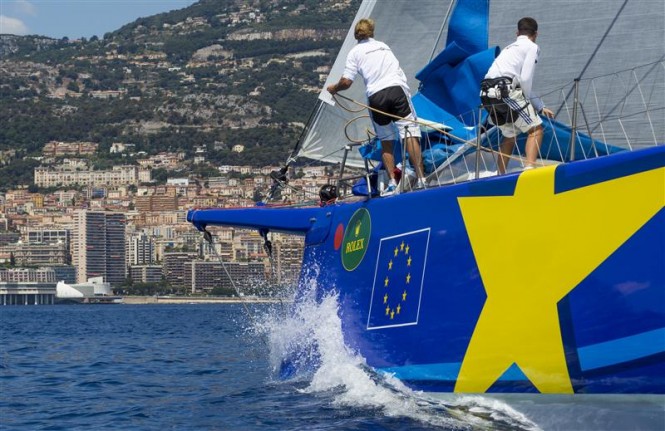 Superyacht ESIMIT EUROPA 2 (SLO) arriving at the finish off Monte-Carlo to secure her fourth Line Honours victory - Photo by Rolex Carlo Borlenghi