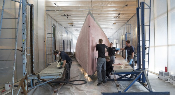 Hull of luxury yacht Swan 115-001 in build