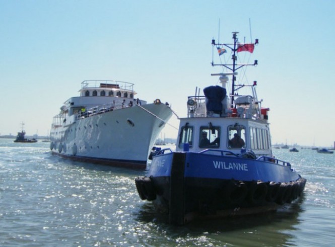 Superyacht Shemara making her way from Trafalgar Wharf to Southampton, where she will be moored ready for her final sea trials