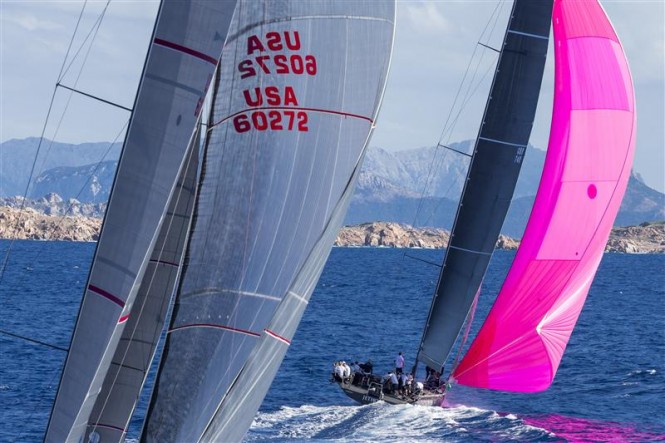 BELLAMENTE (USA) chases JETHOU (GBR) downwind - Photo by Rolex Carlo Borlenghi