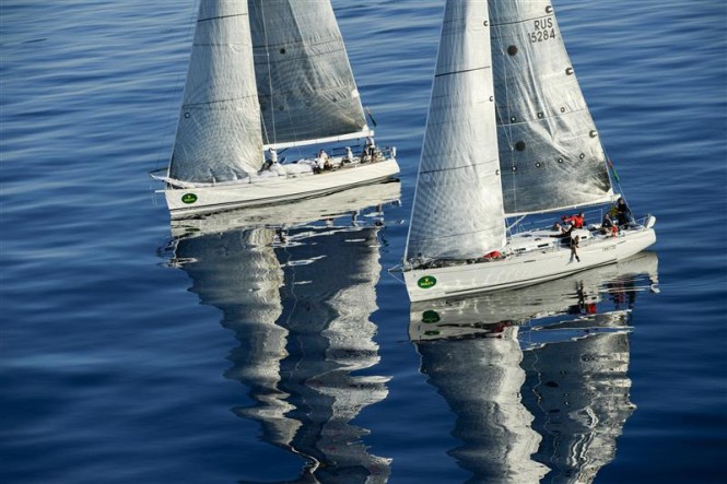 HIGH SPIRIT (RUS) and EALA OF RHU (GBR) searching for wind as they approach Stromboli 