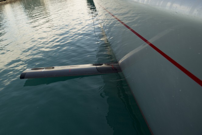 •	The original hydrofoil wing fitted to Wild Oats XI – seen here – has been replaced with a longer version for this month’s Rolex Sydney Hobart yacht race. (Credit Andrea Francolini/AUDI) 